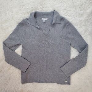 Calvin Klein Size L Gray Ribbed Knit V-Neck Polo Collar Long Sleeve Sweater